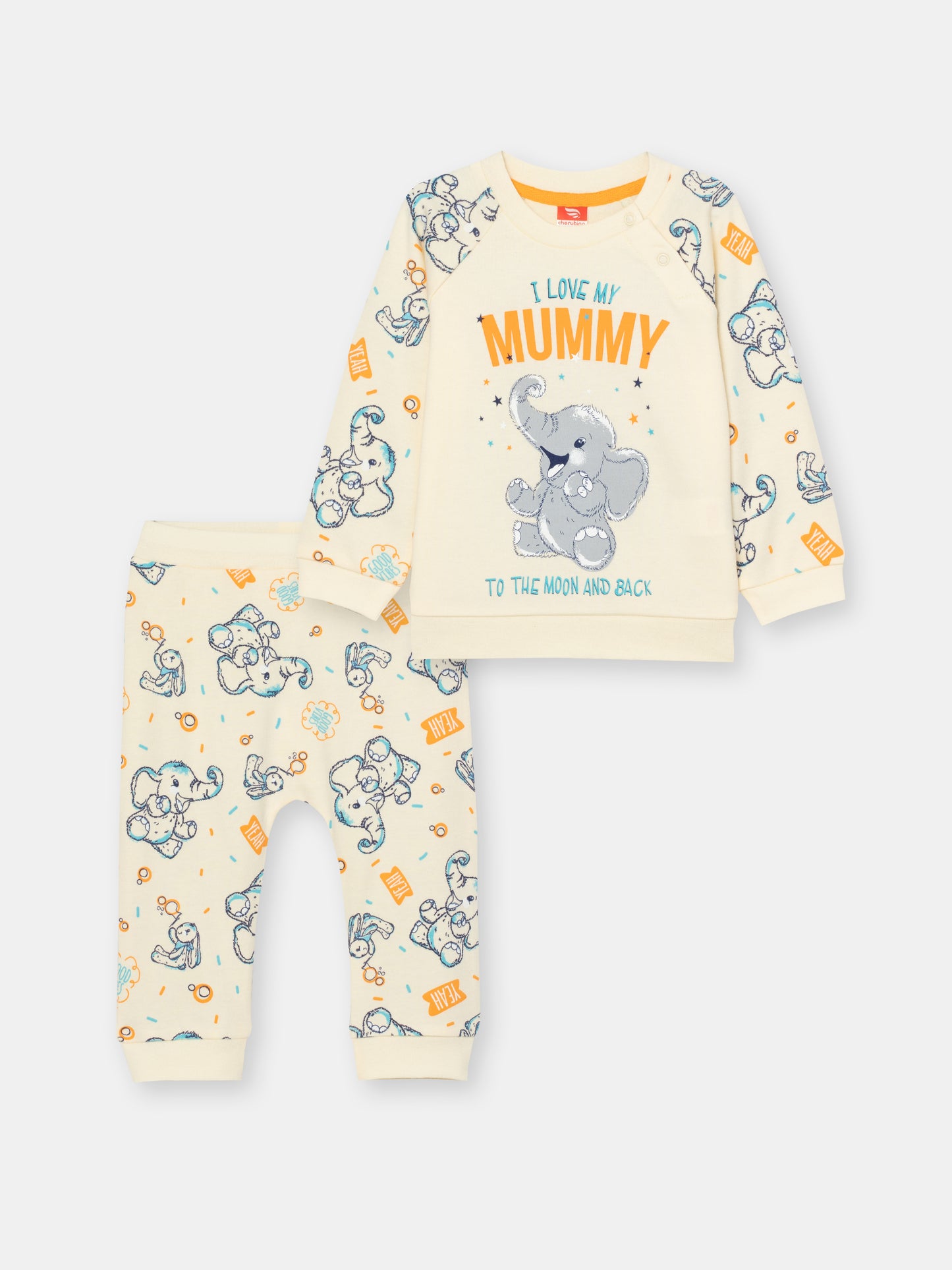CWNB 90047-21-285 - Cherubino newborn baby boys ecru two-piece set with i love mommy elefunto print - front