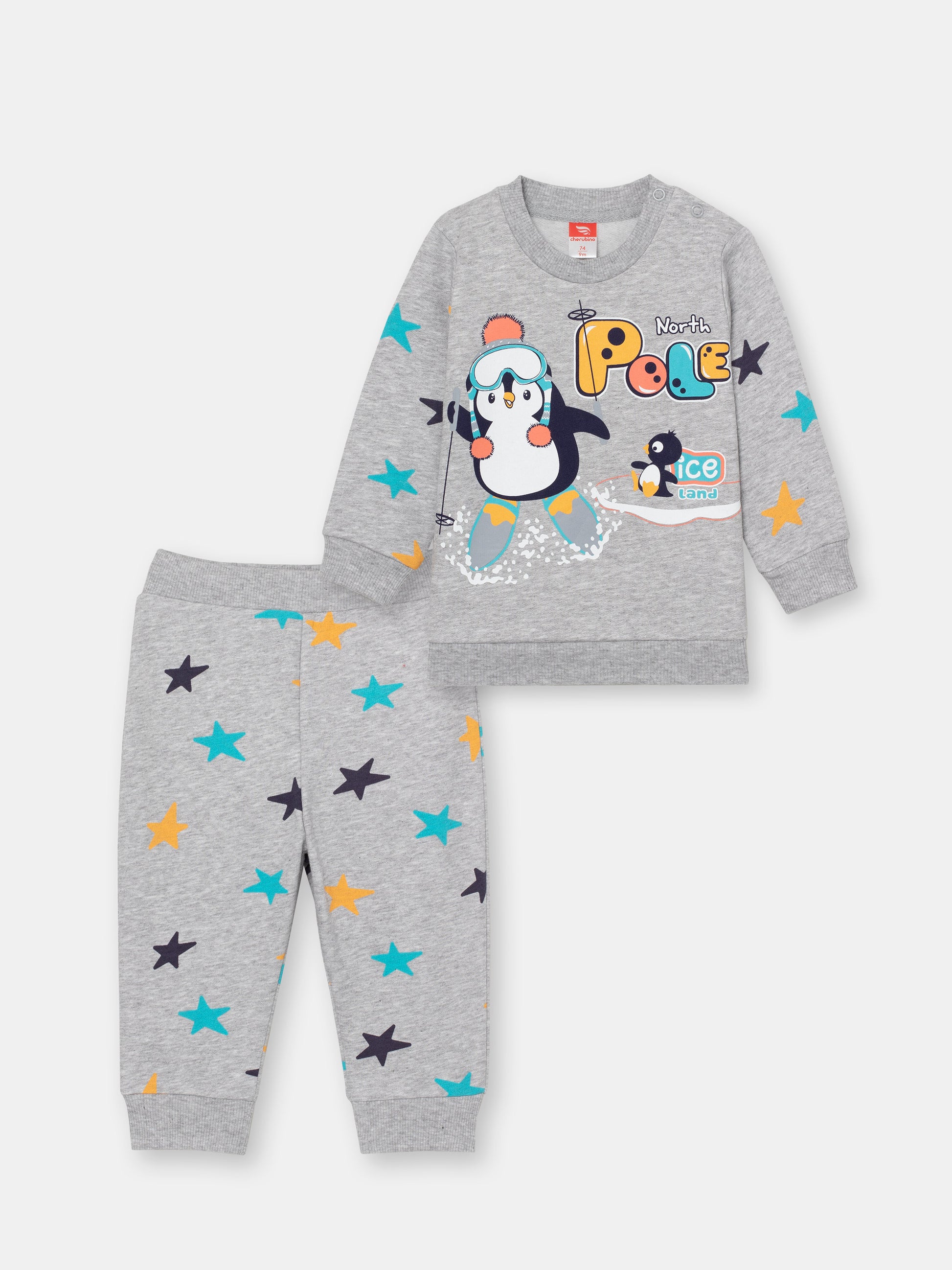 CWNB 90054-11-289 - Cherubino baby boys light grey melange two-piece set with north pole print - front