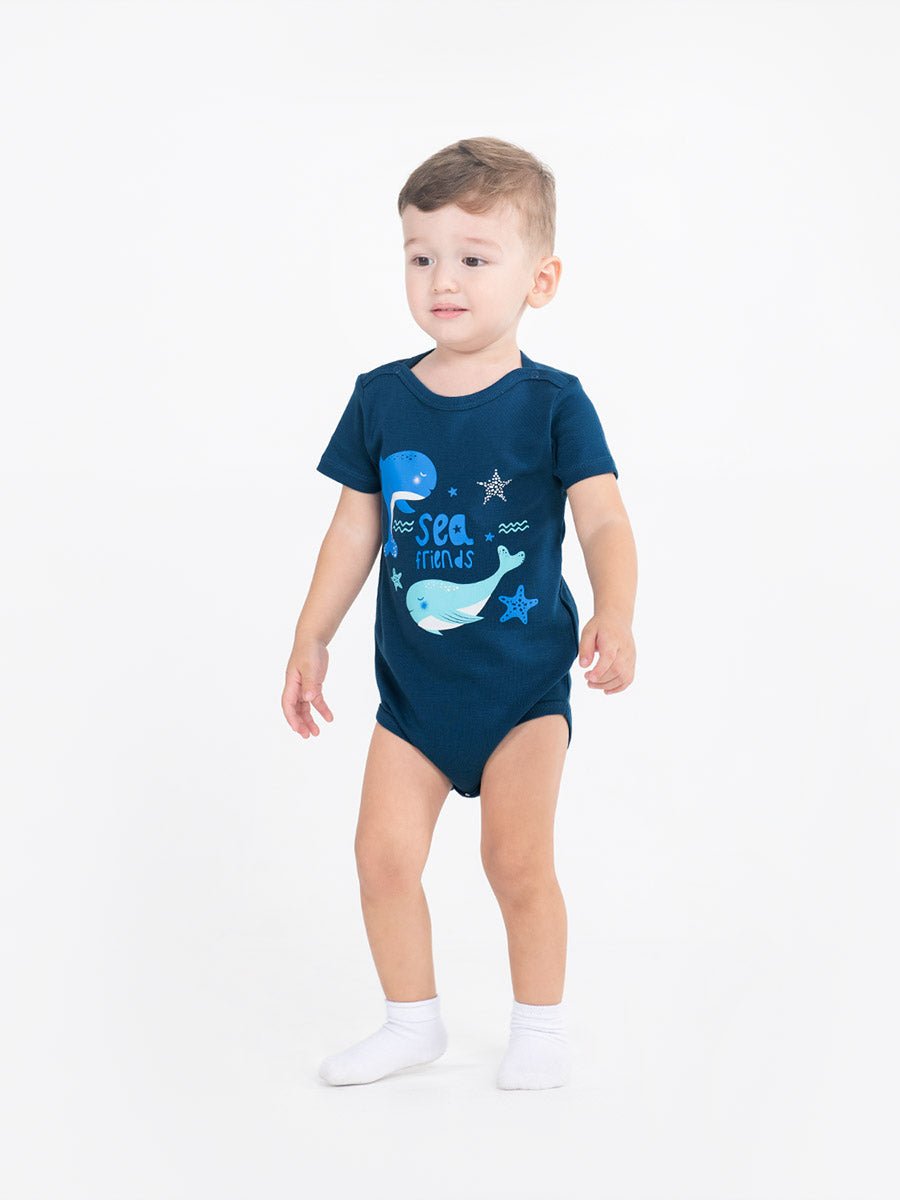 Newborn Baby Boys Dark Blue Bodysuit with Sea Friends Print