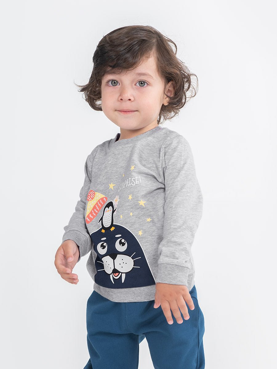 Baby Boys Grey Sweatshirt with Walrus Surprise Print